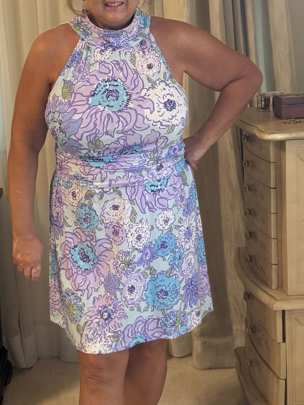 Sleeveless Floral Halter Dress in Lavender and Aqua